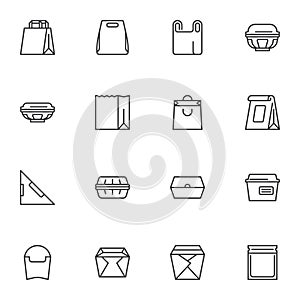 Take away food packaging line icons set,