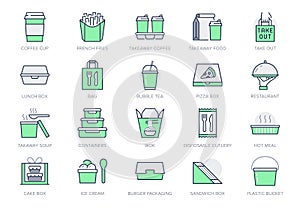 Take away food service line icons. Vector illustration with icon - box, pizza, takeout package, sandwich and soup