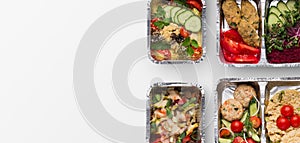 Take away food, variety of healthy meals top view