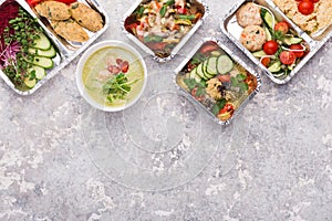 Take away food, variety of healthy meals top view