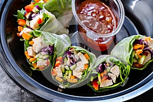 Take Away Healthy Asian Vietnamese Spring Roll / Goicuon with Rice Paper Rolls and Red Hot Chili Sauce in Plastic Container Plate