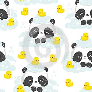 Take a bath panda bear Hand drawn cute rubber yellow duck pattern seamless vector illustration