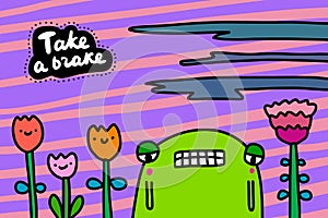 Take a brake hand drawn vector illustration in cartoon comic style frog upset lost lonely