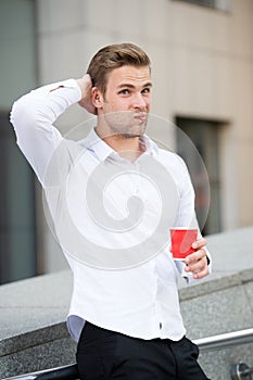 Take break if have doubts. Man thoughtful face drinking coffee outdoor. Steps to deal with self doubt and trust your