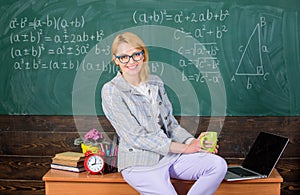 Take a break to relax. Working conditions which prospective teachers must consider. Woman smiling teacher holds mug