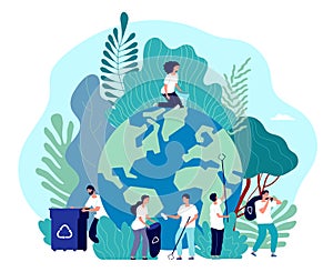 Take care of earth. Environmental protection, people saving planet, green energy ecosystem, volunteer ecologists, flat photo