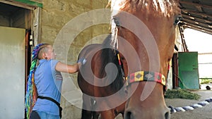 take care of a horse. horse stable. young woman is grooming her horse and cleaning horse body, using a brush, on a farm