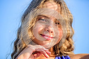 Take care skin put sunscreen cosmetics. Girl kid relaxing outdoors. Uv filter sunscreen. Take care. Summer care