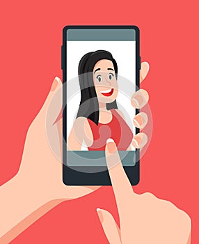 Take face photos. Woman taking selfie on smartphone. Smart phone photo