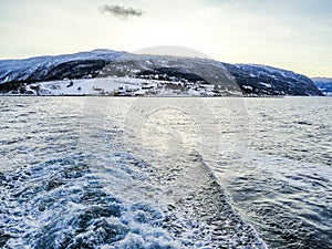 Take the ferry from Vangsnes to Dragsvik. Winter landscape Norway