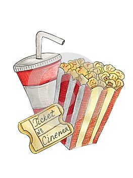 Take and go. Disposable red cup for drink, soda, water, juice, cardboard striped box with popcorn. Paper ticket for cinema theater