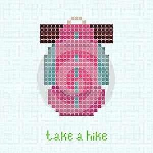 Take a Hike! Pixel art postcard with pink backpack