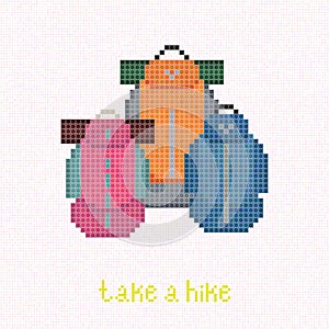 Take a Hike! Trekking rucksacks. Pixel art banner.