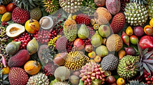 Take a journey through the world of exotic fruits with this bountiful display of rare and unusual varieties