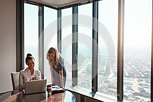 Take a look at this. two attractive young businesswomen working in a modern office.