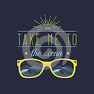 Take me to the ocean vector hand lettering quote banner.Typographic inspirational poster with vintage palms illustration