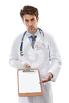 Take a moment to fill this out. Studio portrait of a serious-looking young medical professional holding a clipboard.