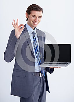 Take my word for it. A young businessman endorsing a laptop with an a okay hand sign. photo