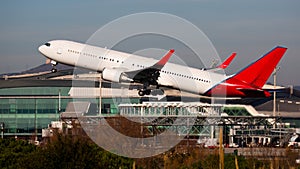 Take off passenger plane in the sky. Airport Barcelona