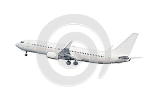Take off a white passenger airplane isolated