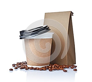 Take-out blank paper coffee cup with black cover, craft cup holder, beans and brown packet