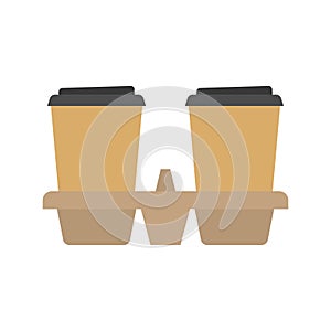 Take-out coffee in holder. Two takeaway paper coffee cups in carton holder. Coffee to go