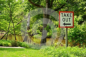 Take out sign along river for canoes and kayaks