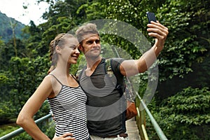 Take Photos. Couple Of Tourist Making Selfie On Vacation. Travel