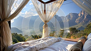 Take in the stunning mountain views from the comfort of your sumptuous fourposter bed. 2d flat cartoon