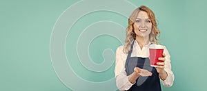 take it. take away beverage. cheerful girl drinking tea. woman in apron with plastic cup. Woman isolated face portrait