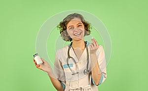 Take vitamins. Pharmacy industry. Woman hold plastic bottle container drugs. Vitamins for happy life. Doctor prescribing