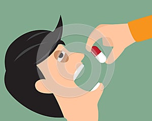 Take your medicine concept. Person puts tablet in mouth. vector