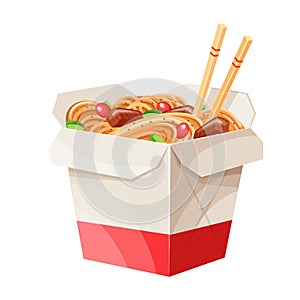 Takeaway carton wok box noodles with veggies and fried pork