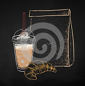 Takeaway Coffee cup with bag and croissant