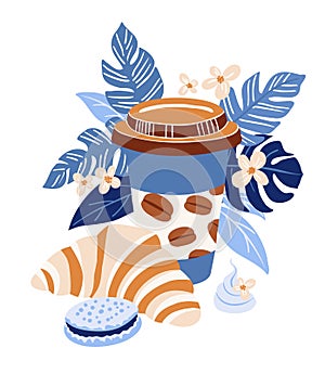 Takeaway Coffee Cup with Croissant and Macaron in Blue Tropical Theme