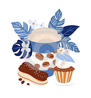 Takeaway Coffee Cup with Croissant and Macaron in Blue Tropical Theme