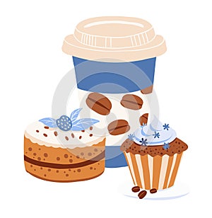 Takeaway Coffee Cup with cupcake and blueberry pie, Blue beige palette