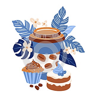Takeaway Coffee Cup with cupcake and blueberry pie, Blue Tropical