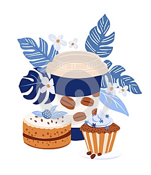 Takeaway Coffee Cup with cupcake and blueberry pie, Blue Tropical