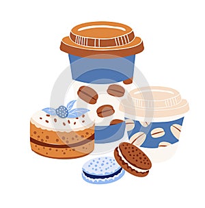 Takeaway Coffee Cup with macarons and blueberry pie in Blue palette