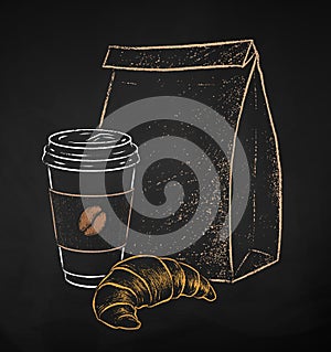 Takeaway Coffee Cup with paper bag and Croissant