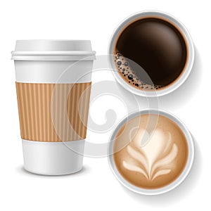 Takeaway coffee cups. Top view beverages in paper white, brown coffee cup with cappuccino americano espresso latte