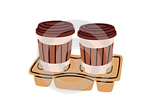 Takeaway coffee cups on tray to carry. Takeout hot drinks to go in paper mugs with lids and sleeves, zarf. Take-away tea