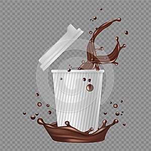 Takeaway coffee. White paper cup, coffee splashes. Vector realistic hot chocolate illustration