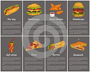 Takeaway Fast Food Posters Set. Ice Cream, Hot Dog