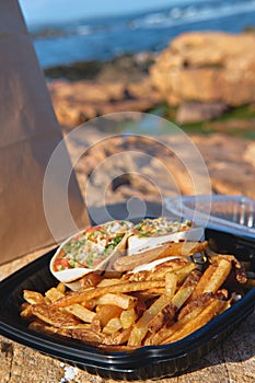 Takeaway food, Fish wrap with french fries, in recyclable plastic container at the isolated rocky ocean beach