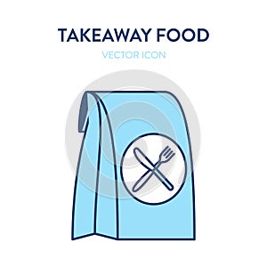 Takeaway food icon. Vector flat outline illustration of a paper bag with knife and fork symbol. Represents a concept of food