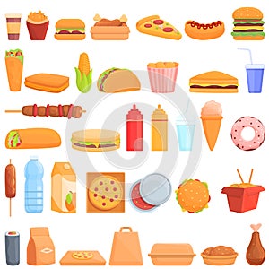 Takeaway food icons set, cartoon style