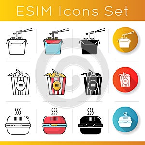 Takeaway food icons set. Chinese noodles pack with chopsticks, bucket of chicken wings, burger box. Takeout fastfood