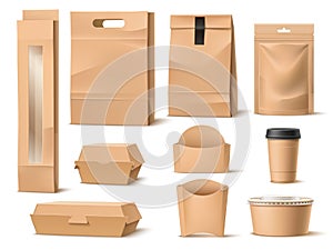 Takeaway food paper packaging. Realistic fastfood containers. Delivery pack. Blank 3D cardboard boxes, bags or cups